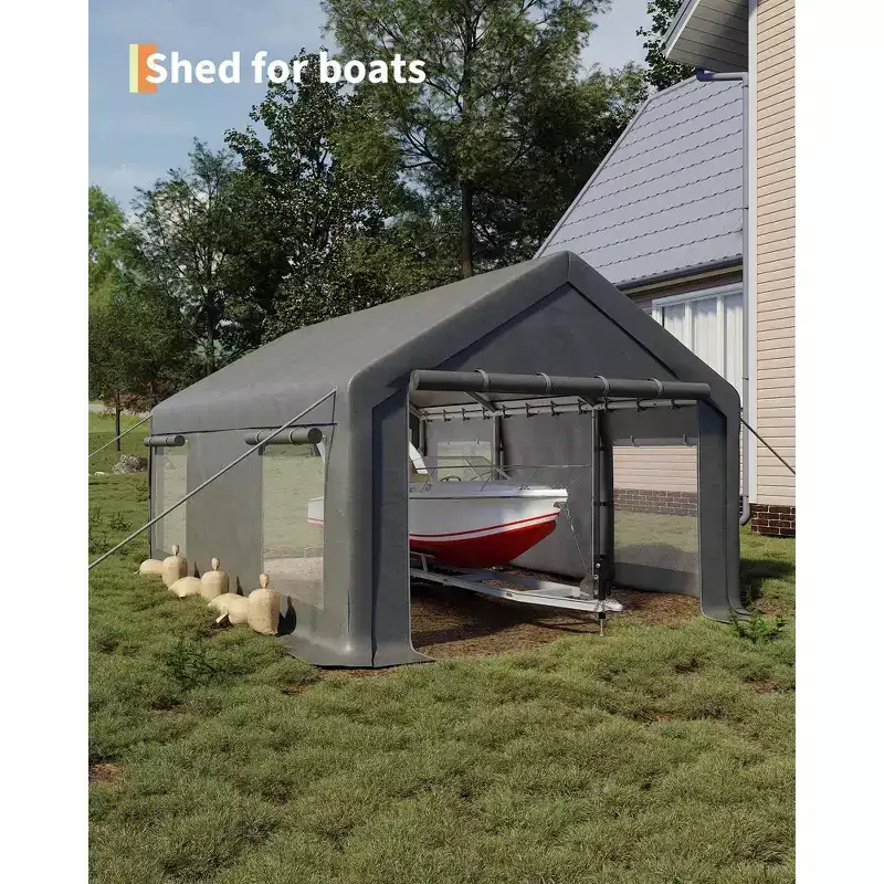 12x20 Ft Portable Garage, Rear Roll-Up Doors and 4 Windows, for Boats, Pickups Shed, and Event Shelter