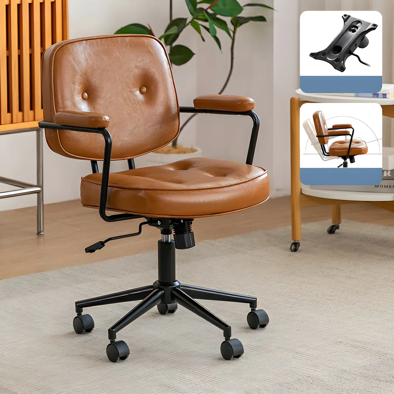 Modern Brown Leather Swivel Low-Back Office Chair