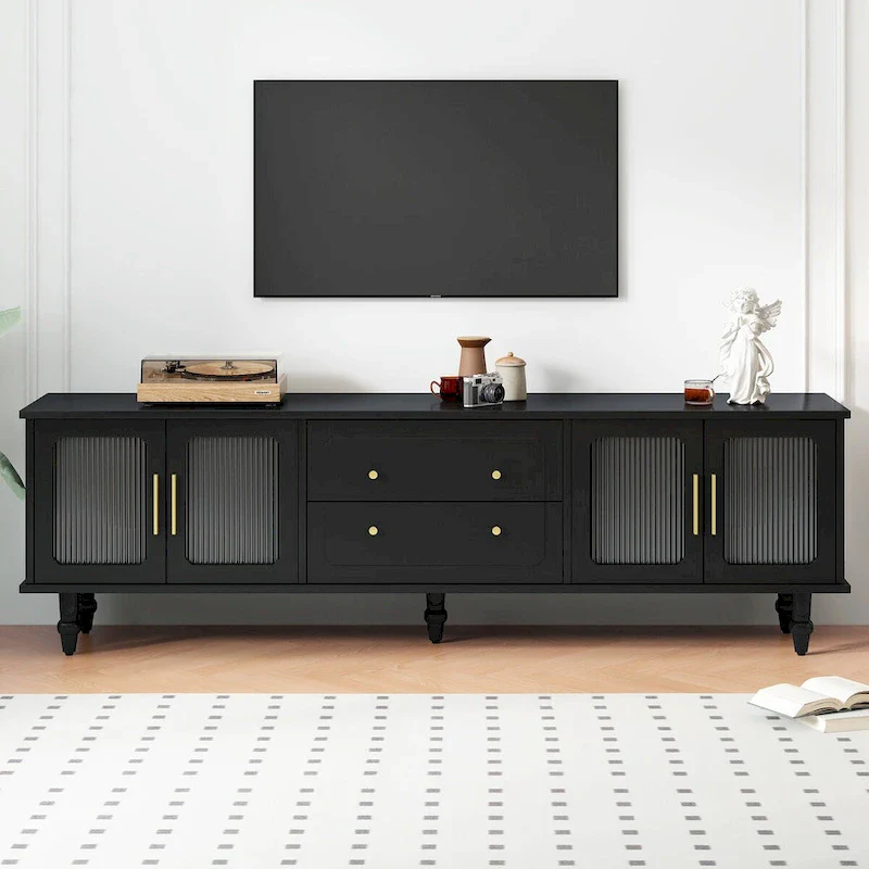 Black/White Fluted Glass TV Stand with 2 Drawers & Cabinets, Seats 1–2