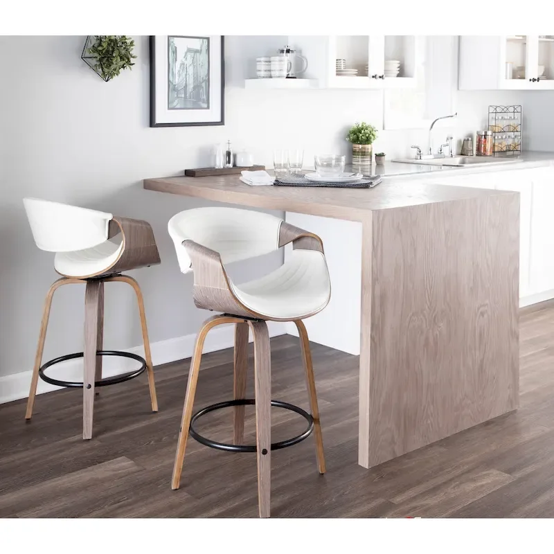 Faux Leather Counter Stool with Bent Wood Legs & Round Footrest (Set of 2)