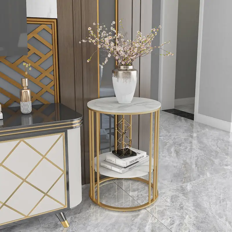 Round Sintered Stone Side Table - Gold Frame - 2 Tier