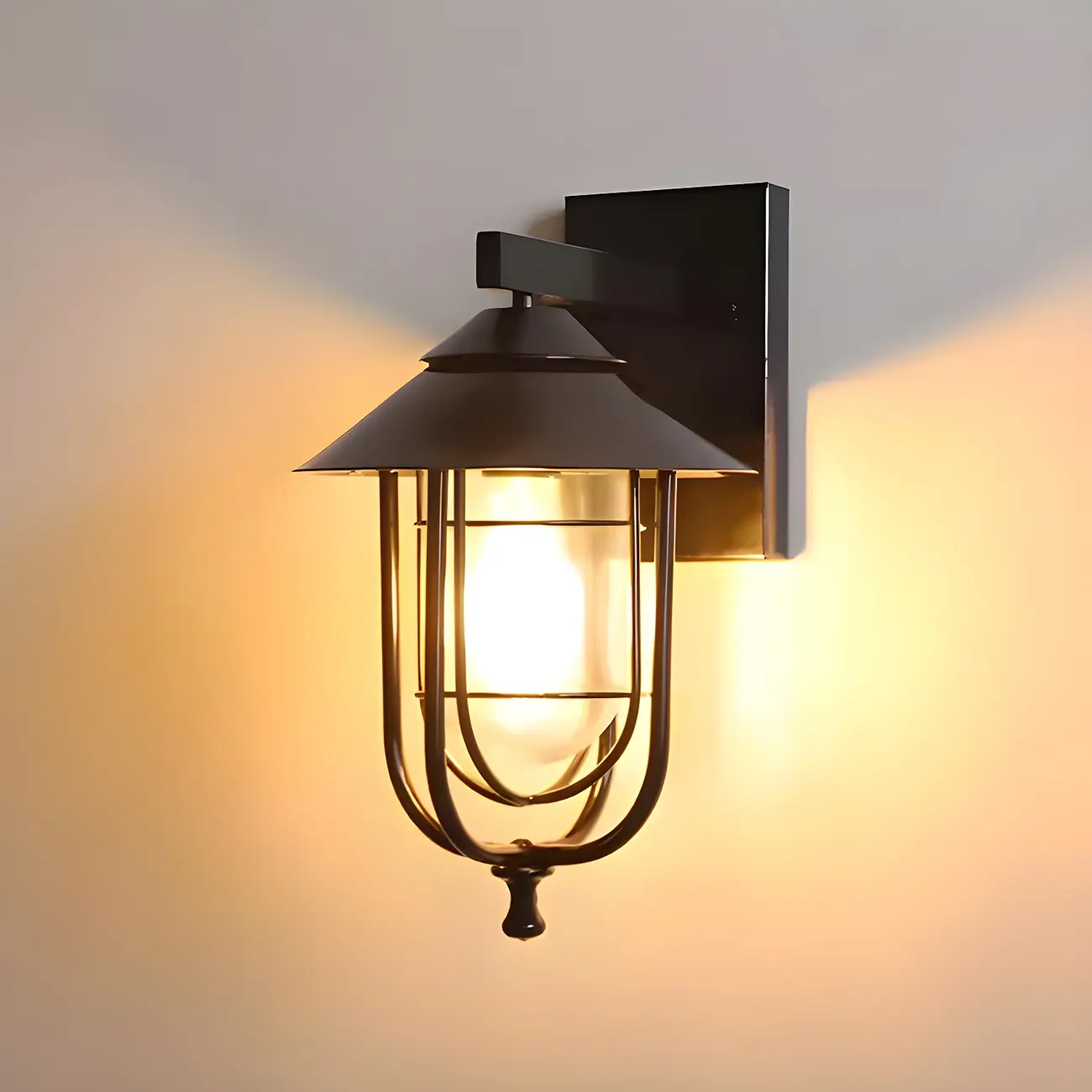 Industrial Black Metal Lantern LED Glass Outdoor Wall Light