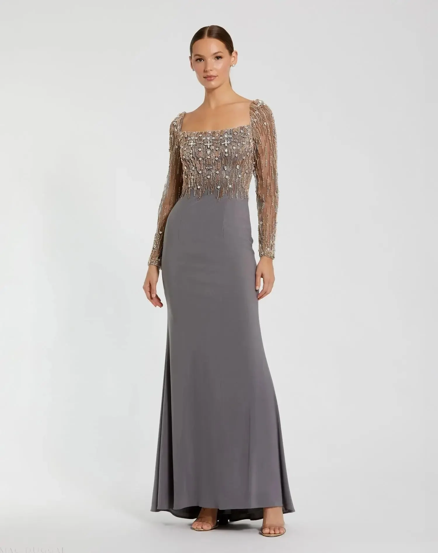 Gray Beaded Square Neck Long Sleeve Jersey Gown