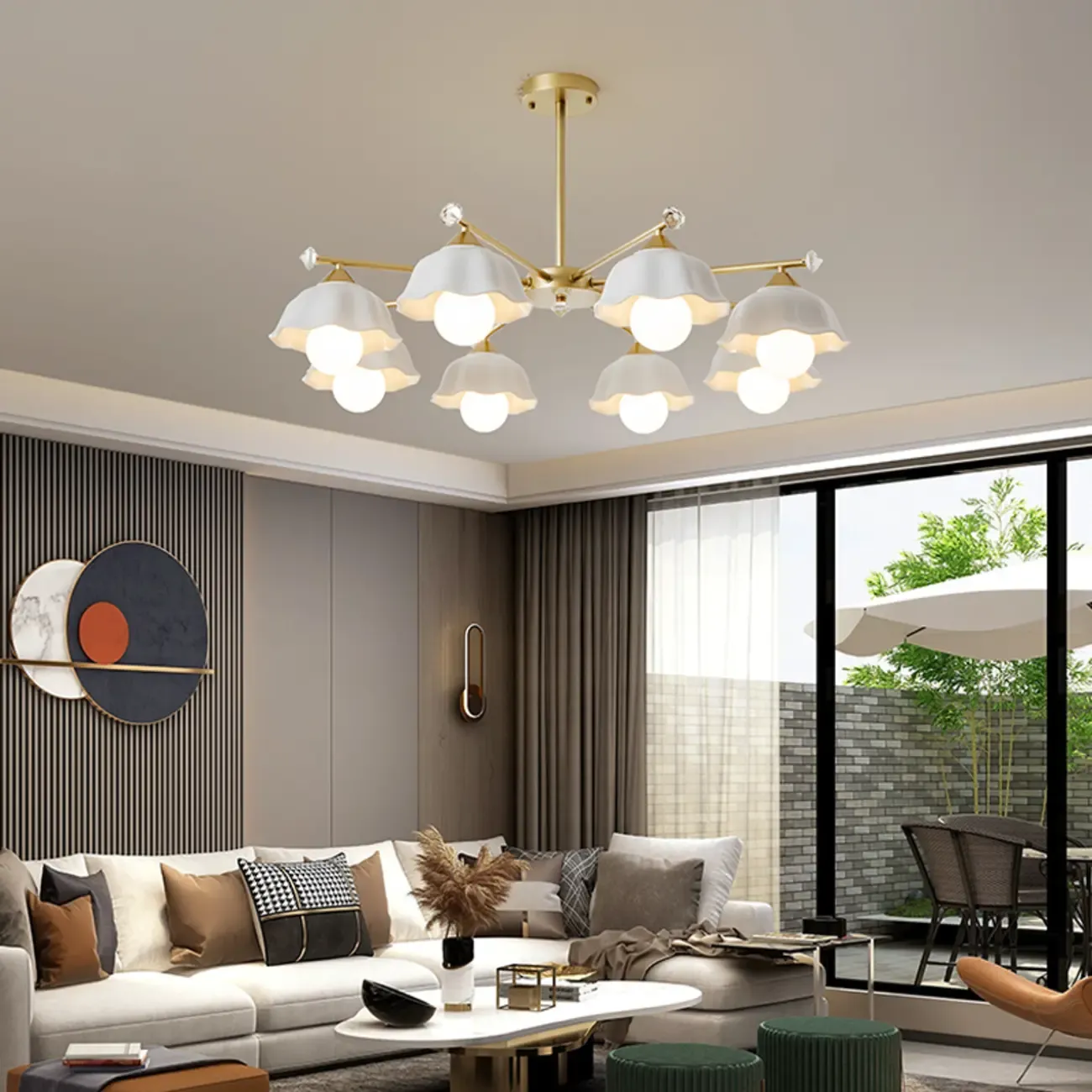 Symmetrical Ceramic Flower Down Gold Chandelier