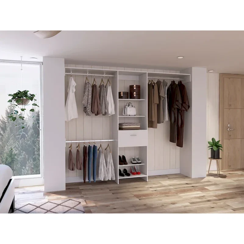 Cross Closet System with Drawer, 3 Metal Rods, and 5 Open Shelves