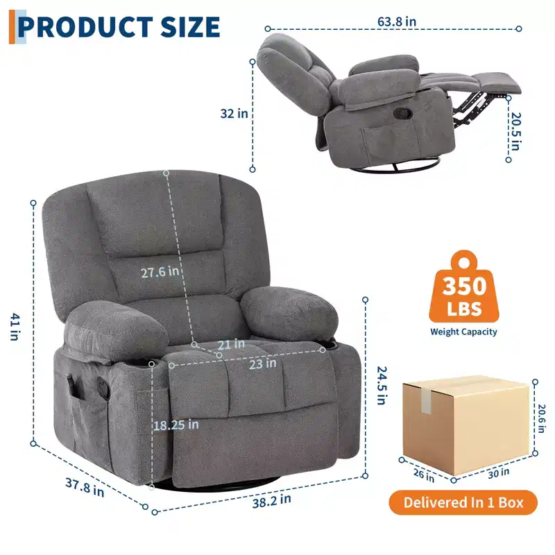 Power Recliner Chair with Massage and Heat, 360 Swivel Rocker, Overstuffed Wide Seat, Cup Holders & Storage for Living Room