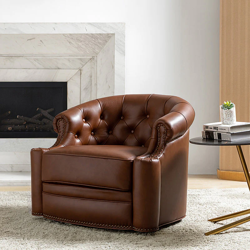 Genuine Leather Tufted Swivel Armchair with Rolled Arms, Nailhead Trim & Black Legs | Chocolate / Camel / Brown / Turquoise | Single Seat