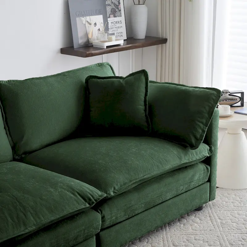 Green 6-Seater U-Shape Sectional Sofa with 3 Ottomans and Pillows