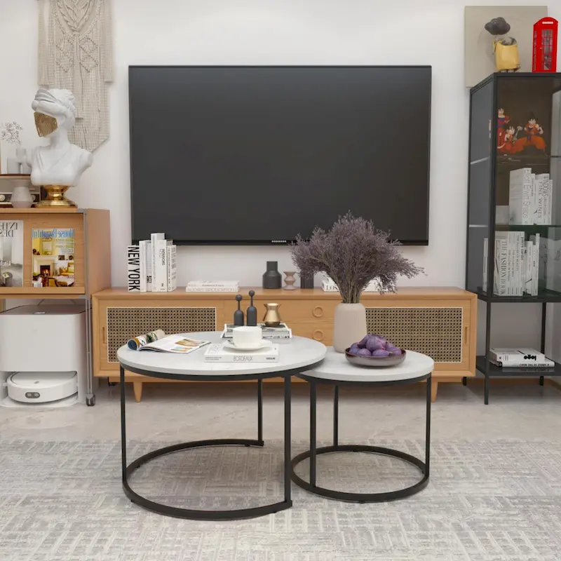 Nesting Coffee Table Set of 2, 27.6inch Round Coffee Table Wood Finish with Sturdy Metal Frame,End Table Side Tables