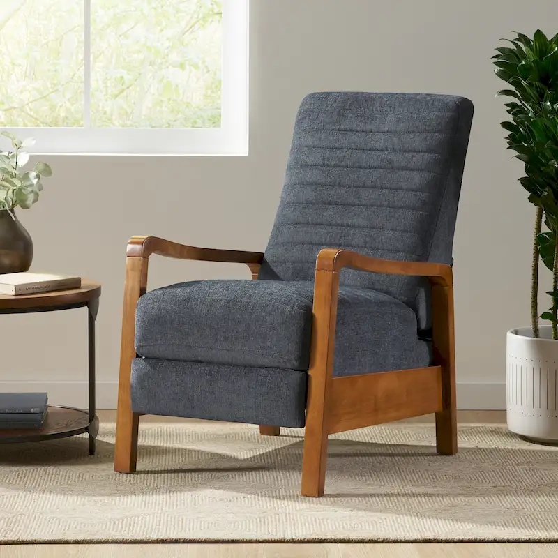 Mid-Century Modern Push-Back Recliner Chair, Channel Stitch, Rubberwood Frame