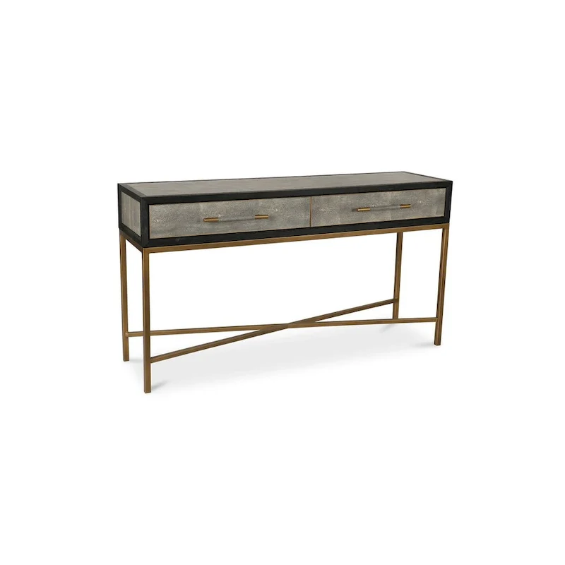 Macari Miki Art Deco Solid Wood AndVegan Leather Shagreen With Brass Accents Console Table - 59W x 16D x 32.3H