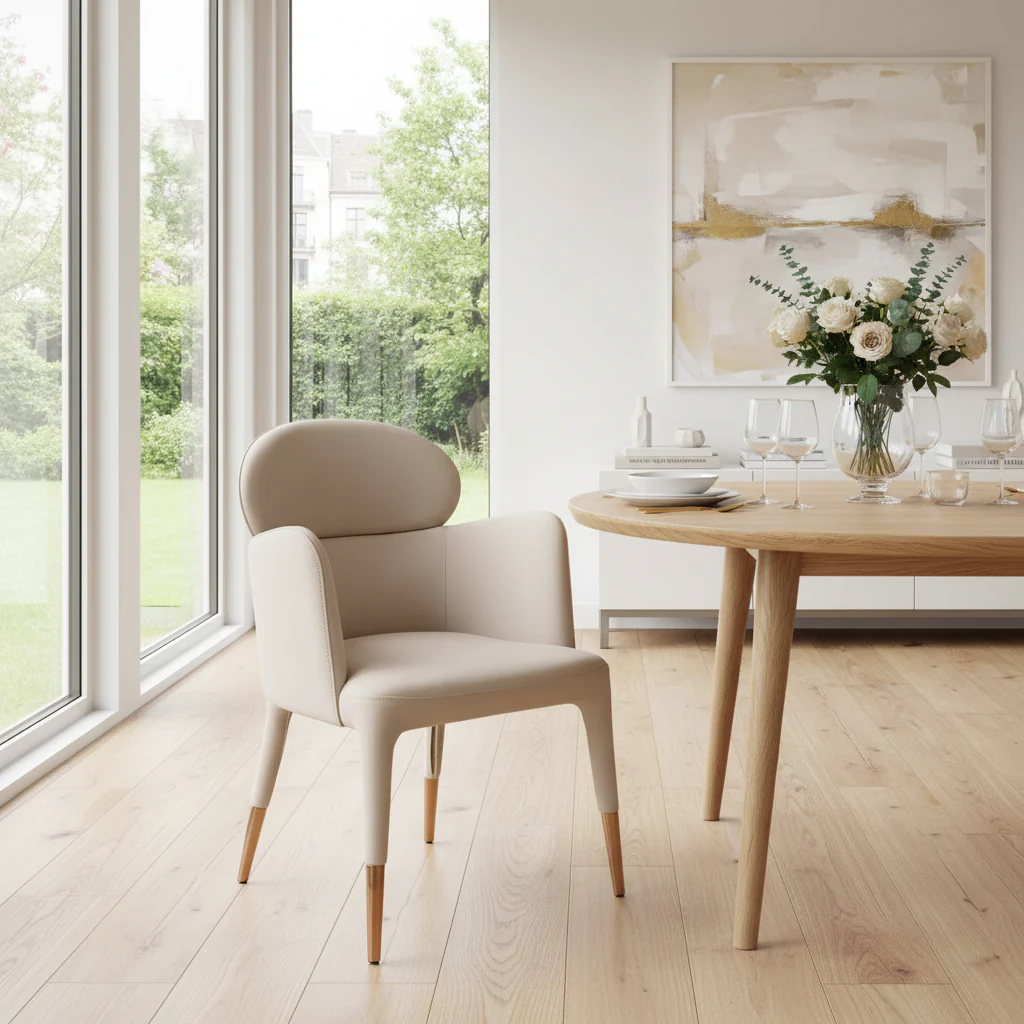 Armed Vegan Leather Dining Chair – Beige / Rose Gold, Single