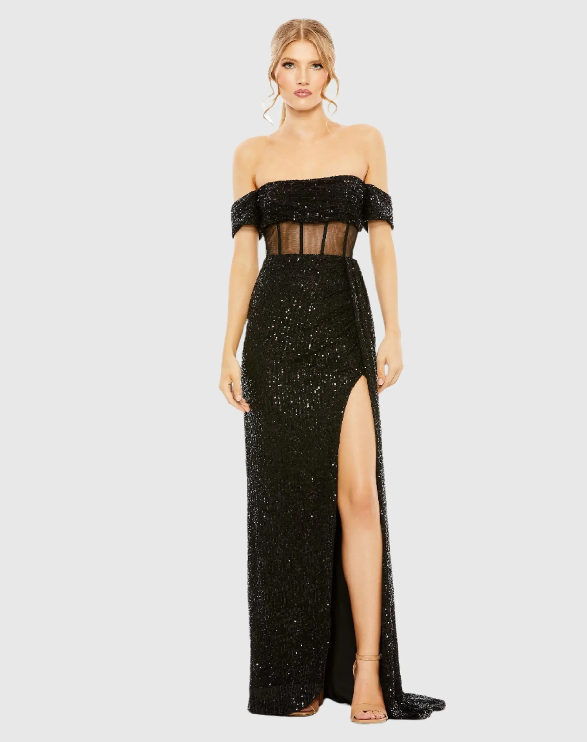 Black Off-the-Shoulder Sequined Corset Gown with Slit