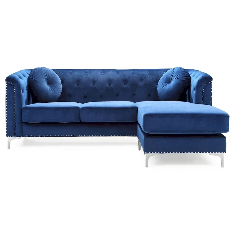 Velvet Button-Tufted Sofa with Reversible Chaise for 3-4 People