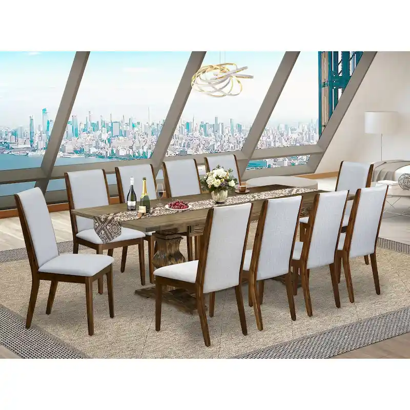 East West Furniture 11 Piece Dining Table Set- a Wooden Table and 10 Linen Fabric Upholstered Chairs(Finish Options)