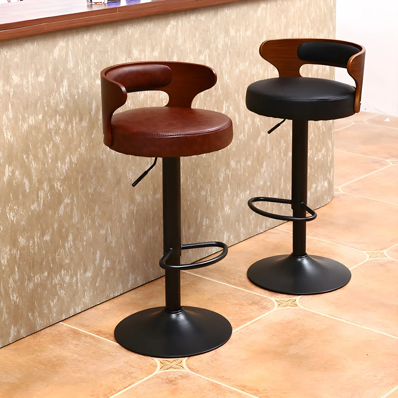 Adjustable Round Leather Swivel Bar Stools with Back