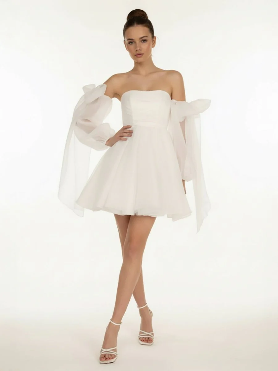 A-Line Puff Long Sleeves Short Wedding Dresses With Bows