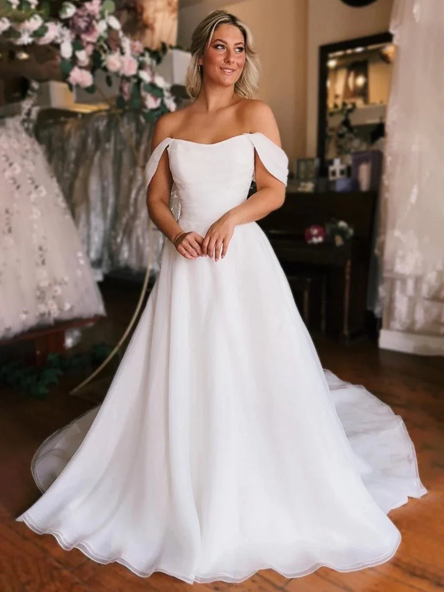 Elegant White Off-the-Shoulder Long Wedding Dress with Slit