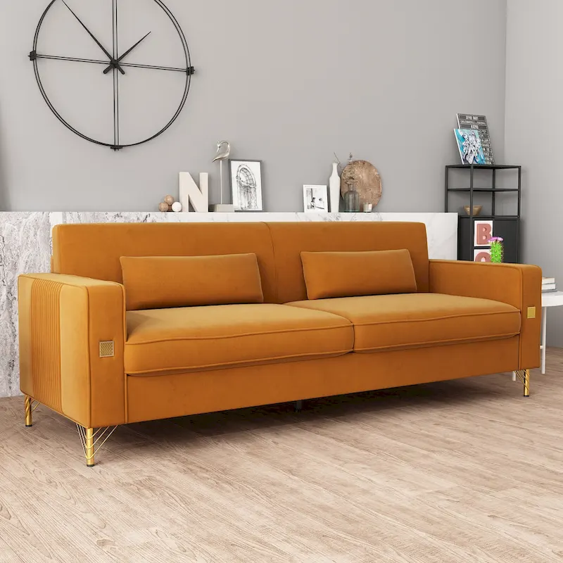 Orange Velvet 3-Seat Sofa with Gold Metal Legs