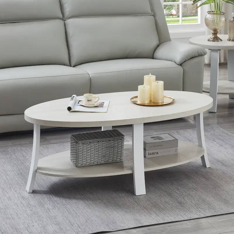 White Oval Coffee Table with Lower Shelf, Contemporary Style