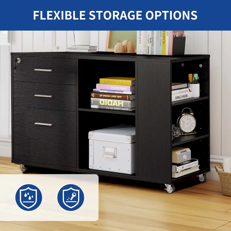Brown Mobile Wood Lateral File Cabinet with Charging Station & Lock