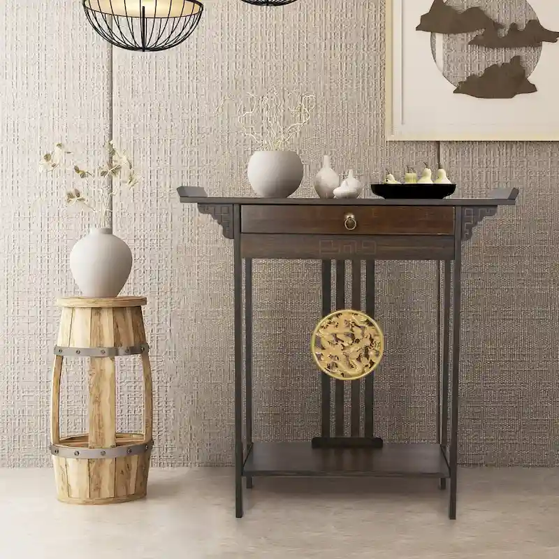 Brown Wood-Top Bamboo Console Table with Drawer – Classic Style, 1-Person Assembly