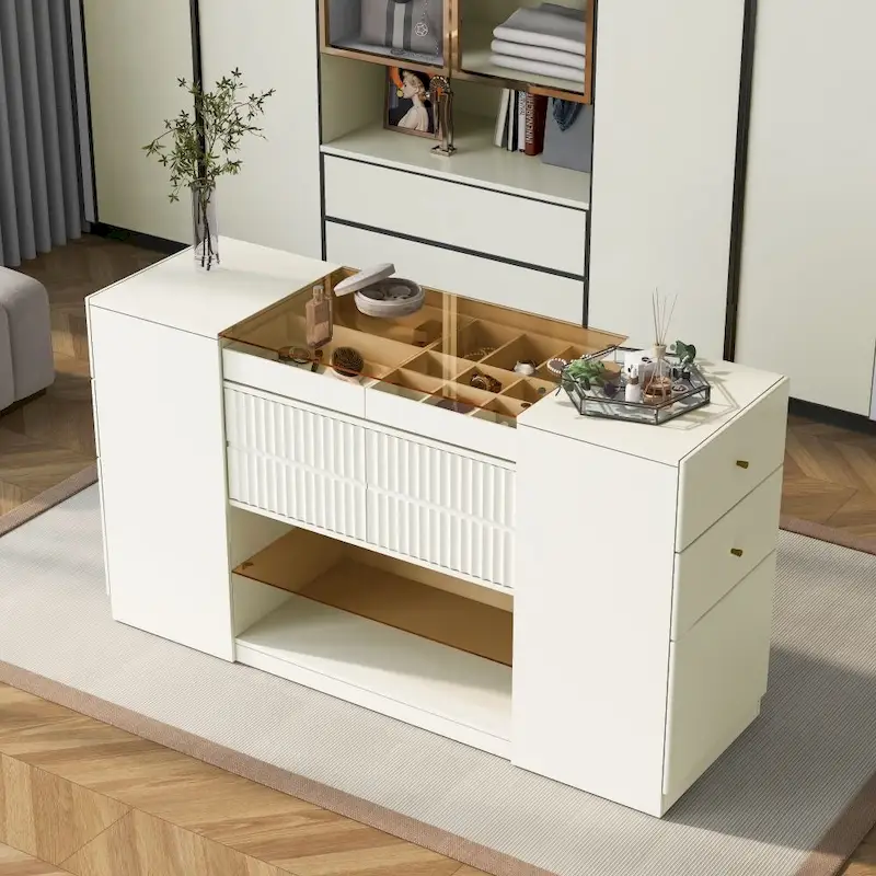 Cream White Glass Top Vanity Dresser with 6 Drawers, Single