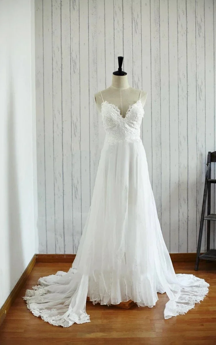 A-Line Backless Chiffon Lace Satin Wedding Dress