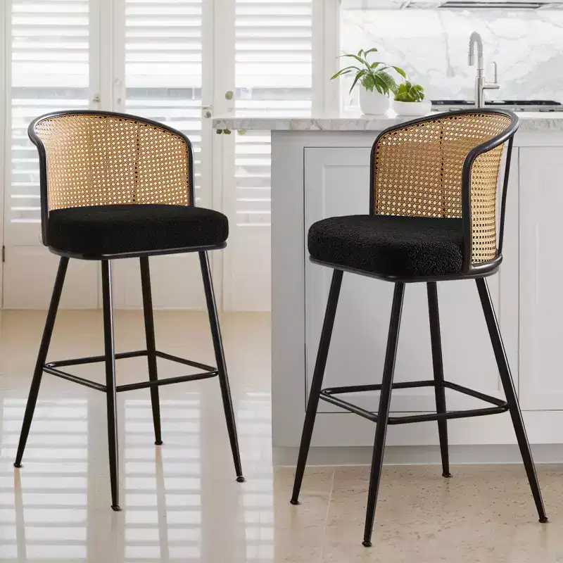 Bekrvio Set of 2/3/4 Barstools with Rattan Back, Upholstered Seat & Metal Frame & Footrest, Modern Bar Chairs for Kitchen Island, Home Pub