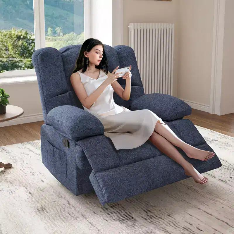 MAYEERTY Blue Oversized Rocking Recliner Sofa for Adults, Chenille, Ergonomic, Perfect for Living Room