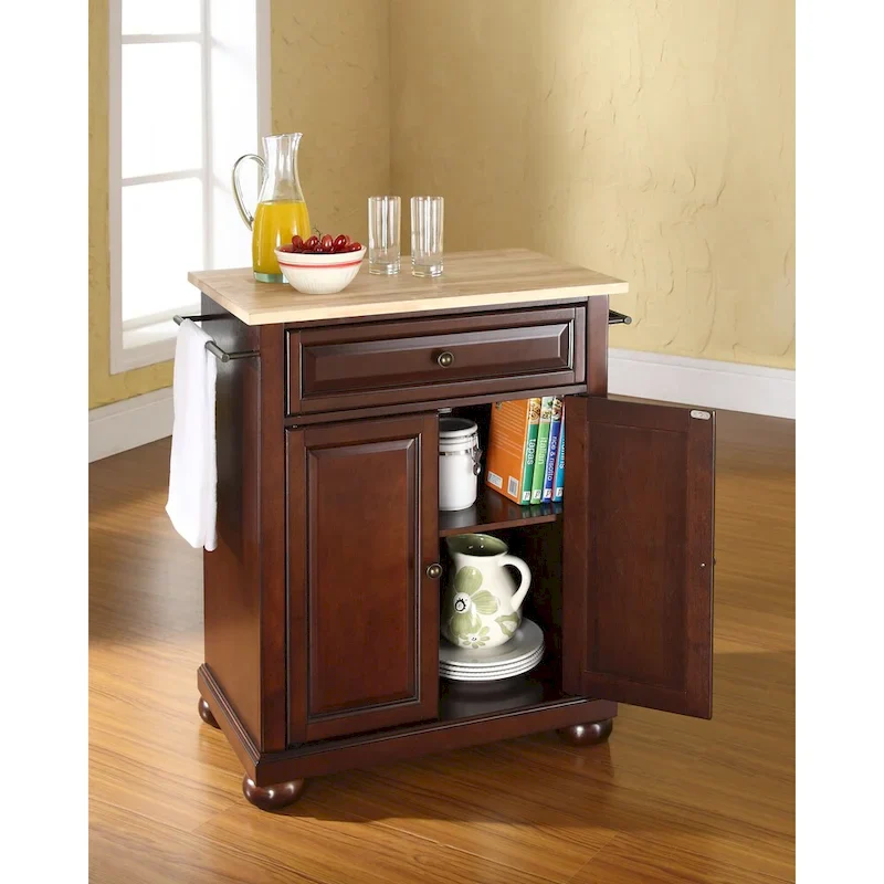 Crosley Alexandria Natural Wood Top Portable Kitchen Island in Vintage Mahogany Finish - 18d x 31w x 33.5h