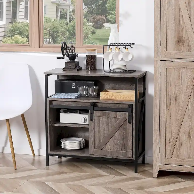 Farmhouse Buffet Cabinet with Sliding Barn Door & Adjustable Shelf for Living Room, Grey