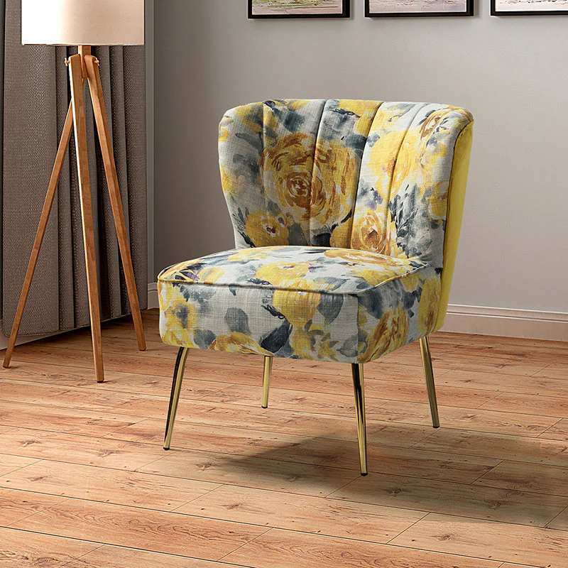 Polyester Tufted Barrel Side Chair with Foam Fill & Gold Tapered Metal Legs | Black / Ivory / Green / Blue / Yellow | Single Seat