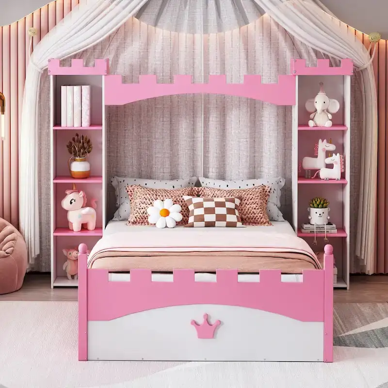 Twin Size Castle-Shaped Wooden Platform Bed with Storage Shelf for Kids Bedroom