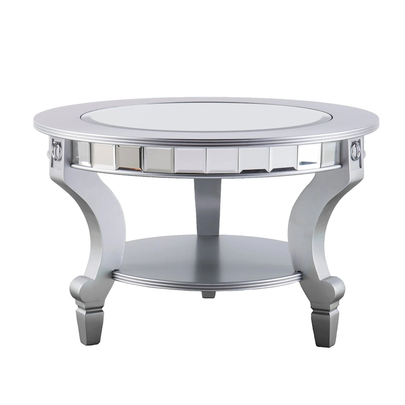 SEI Furniture Olivia Contemporary Mirrored Round Coffee Table in Matte Silver Details and Shelf