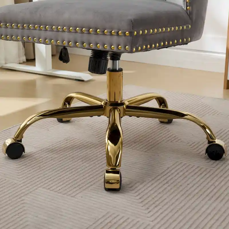 A&A Gray Velvet Tufted Home Office Chair with Golden Metal Base - Adjustable Swivel Desk Chair
