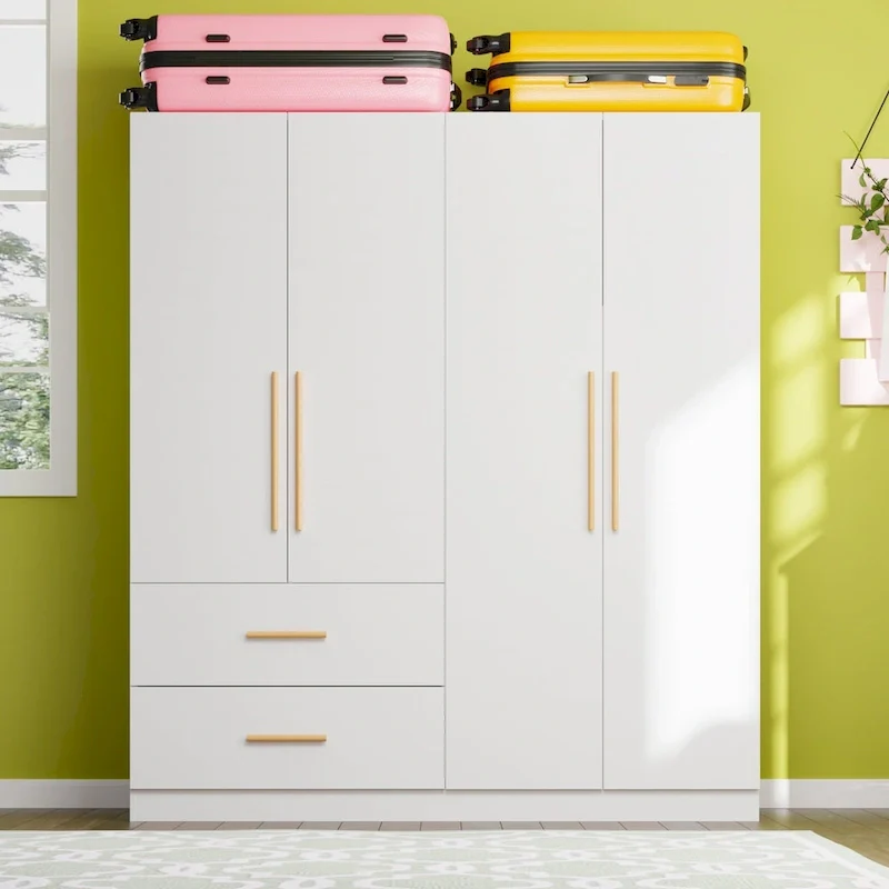 White 4-Door Wardrobe Armoire, 2-Person Assembly, Bedroom Storage