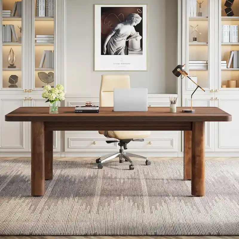 63 Large Office Computer Desk, Executive Desk with Solid Wood Legs