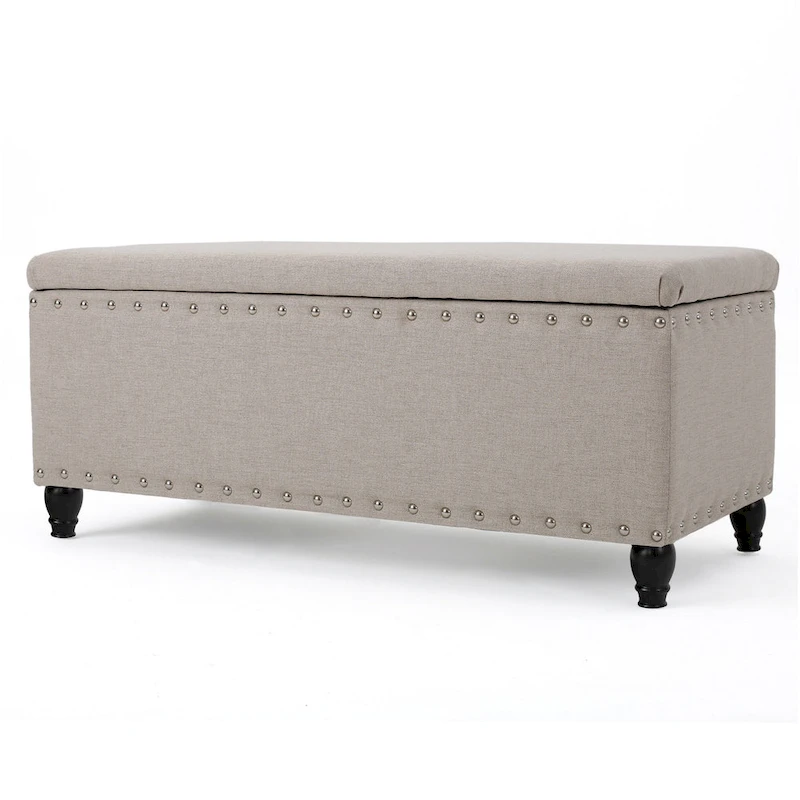 Sharon Storage Ottoman Bench, Beige Fabric, Nailhead Trim, 42 Inch