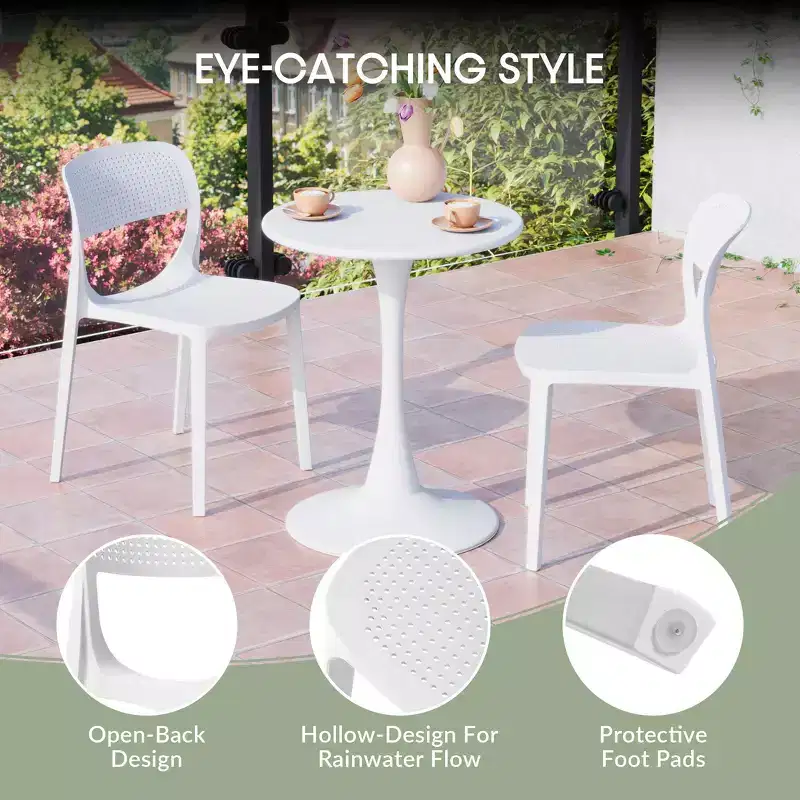 WestinTrends Playa 3-Piece Round Metal Bistro Dining Table Set And Stackable Resin Patio Dining Side Chairs