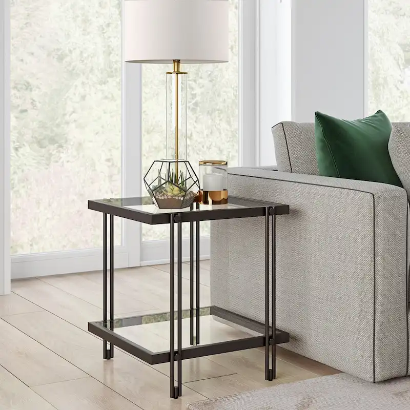 Brass / Blackened Bronze / Brass Walnut Geometric Steel & Glass Side Table – Single