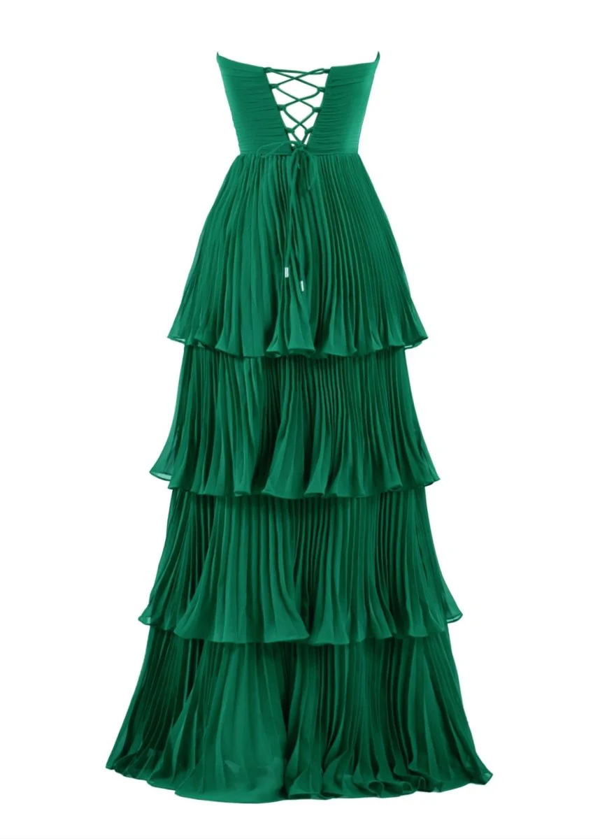 Strapless Emerald Green Ruffle Multi-Layer Long Prom Dress