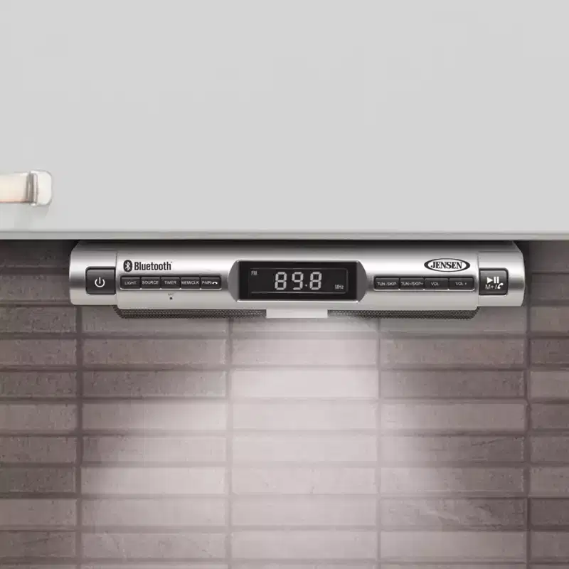JENSEN Under Cabinet Universal Bluetooth Music System - Silver (SMPS-628): Wireless MacOS/Android/Apple iOS Compatibility, Portable Audio System