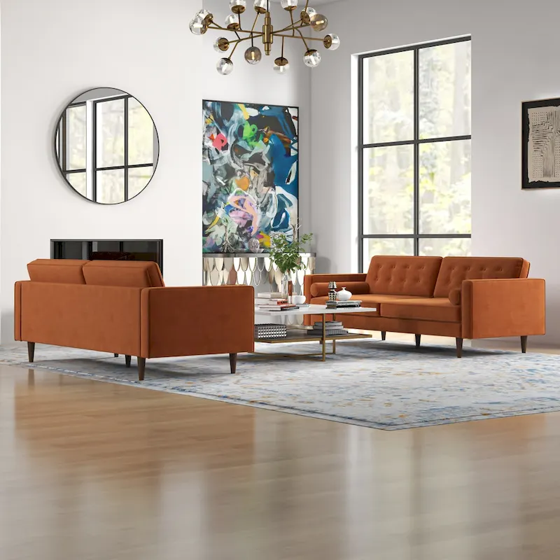 Kenzo Mid Century Pillow Back Velvet Sofa and Loveseat Set