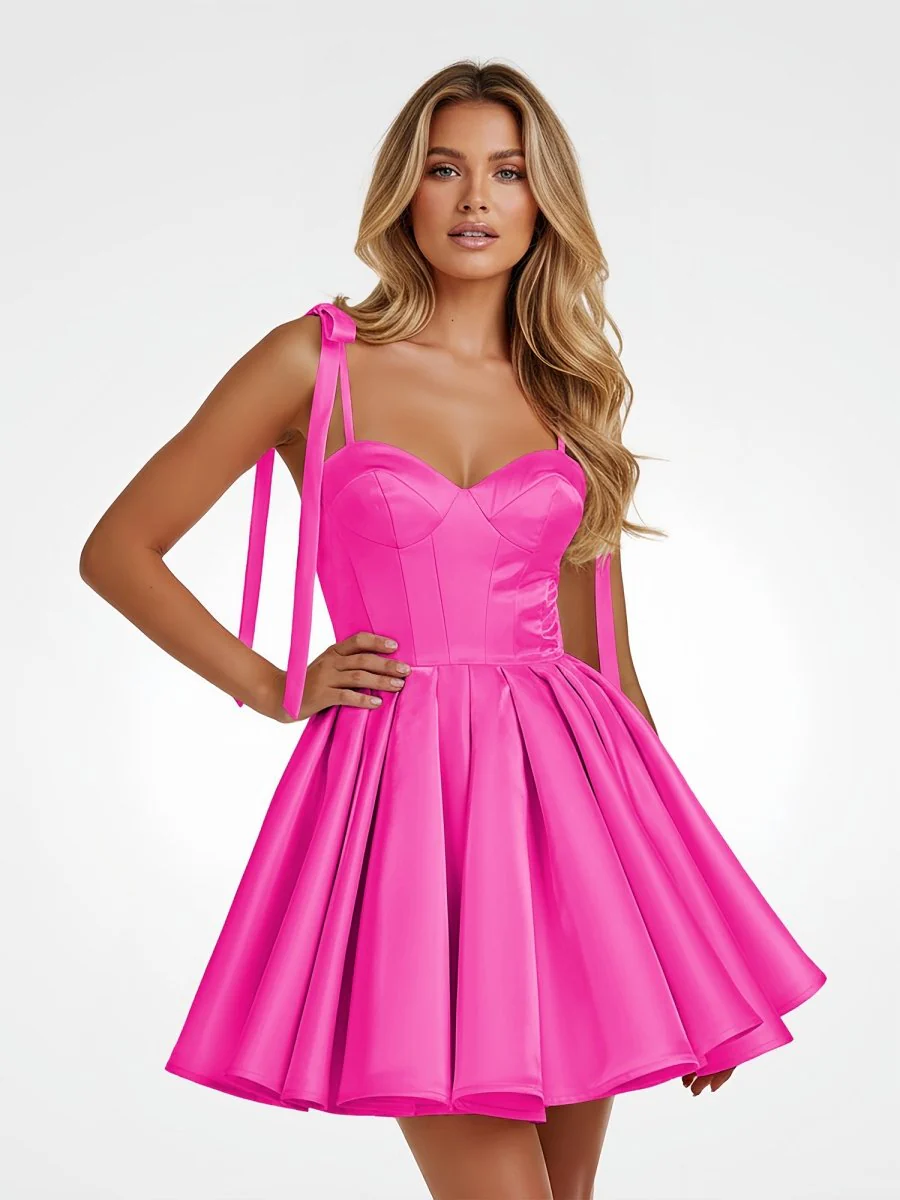 Hot Pink – Spaghetti Straps Pleated Satin A-Line Homecoming Dress with Bow