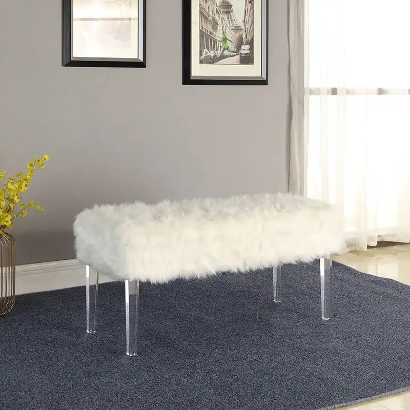 20 Inch Horice Faux Fur Nailhead Storage Bench with Acrylic Leg