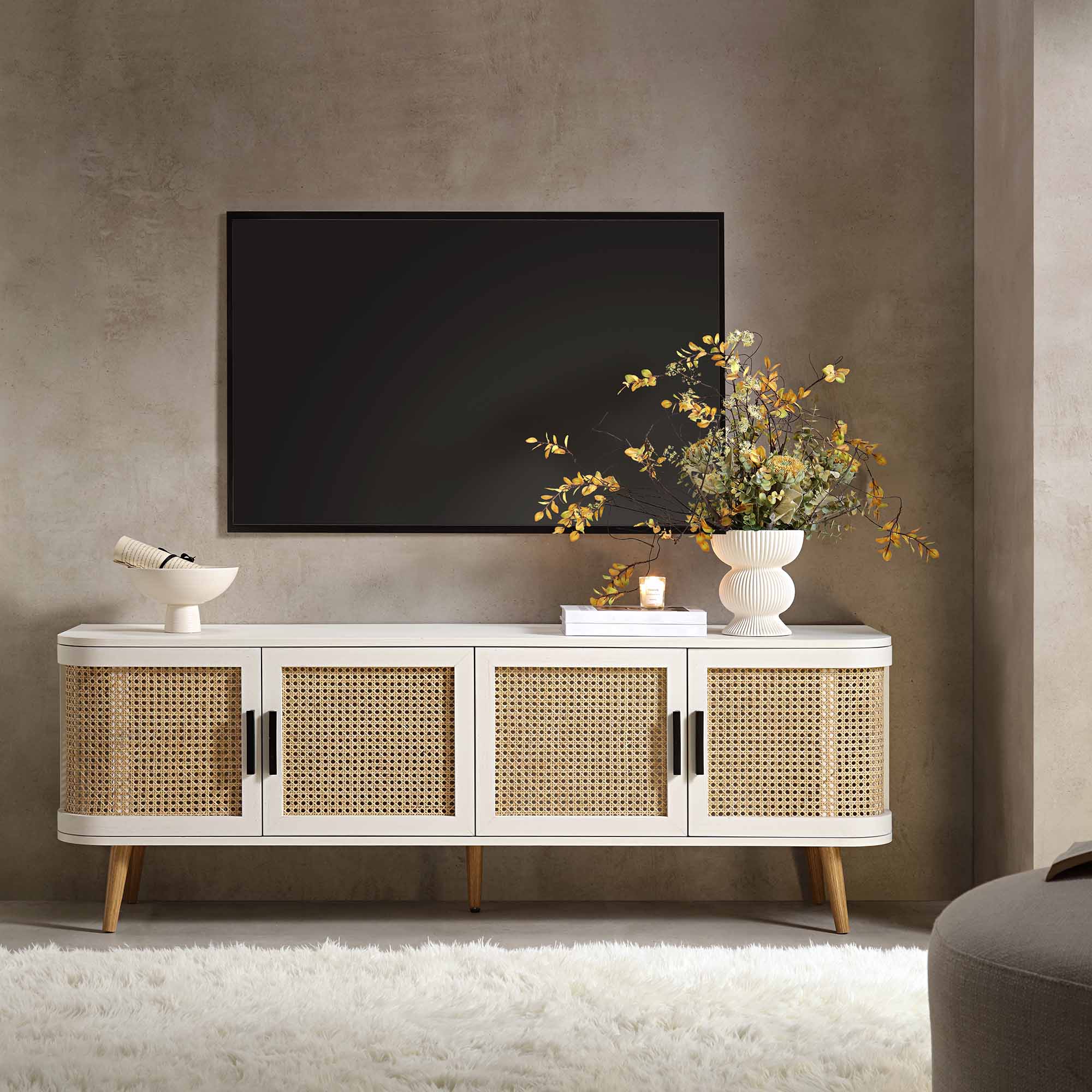 Curved Rattan 63 Wide TV Unit, White