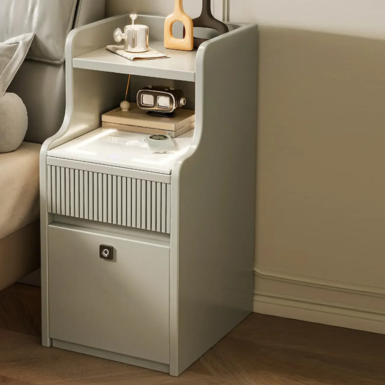 Smart Versatile White Wood Nightstand with Fingerprint Lock