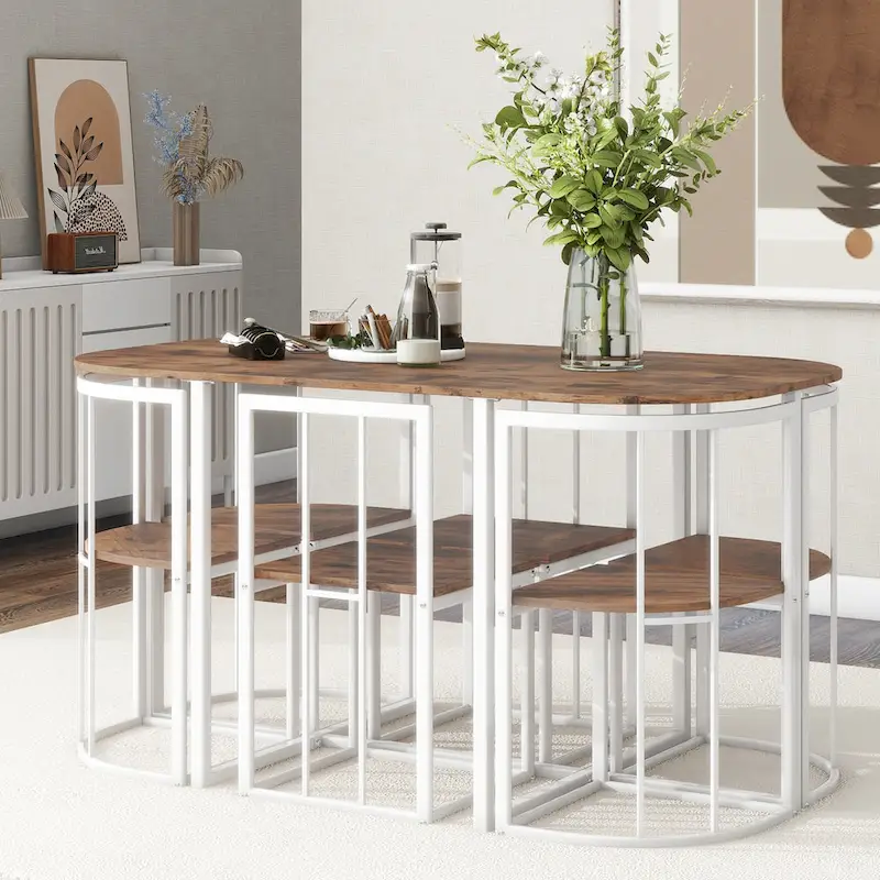 Modern 7-Piece Metal Frame Dining Table Set with Half-Round Table & 6 Chairs