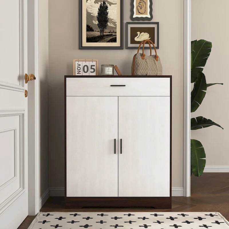 Walnut / Natural 4-Tier Shoe Cabinet with 2 Doors, 1 Drawer & Adjustable Shelves, Minimalist Style